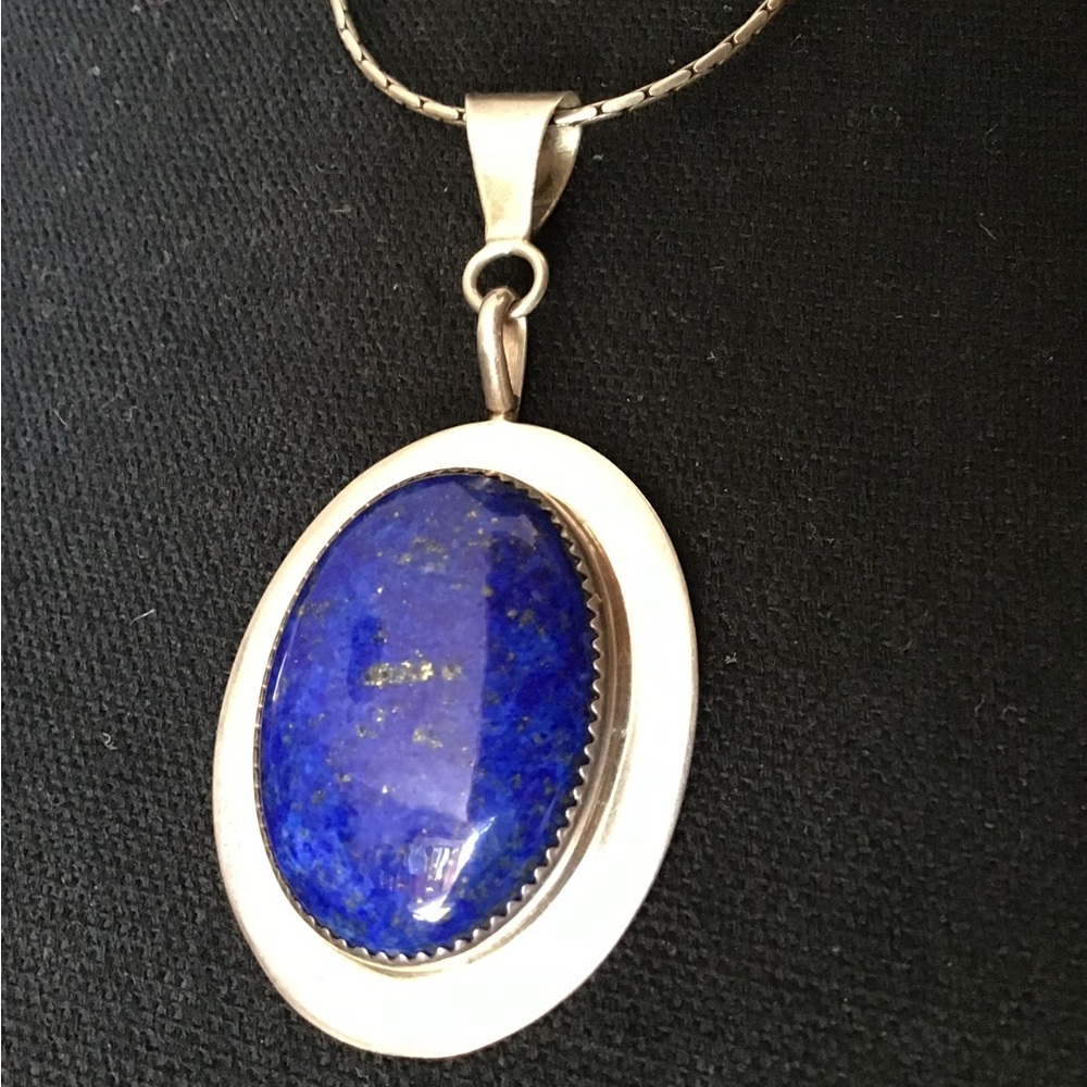 Sterling Silver Necklace with Deep Blue Lapis Signed Pendant